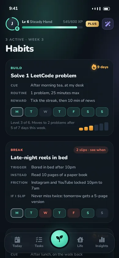 Habits screen with cues, tiny versions and streaks
