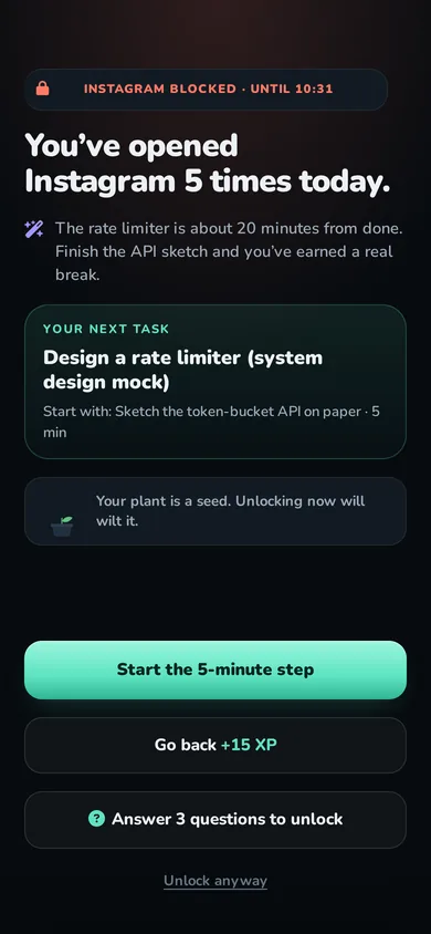 A mindful pause over a blocked app, showing a breathing timer and the next task
